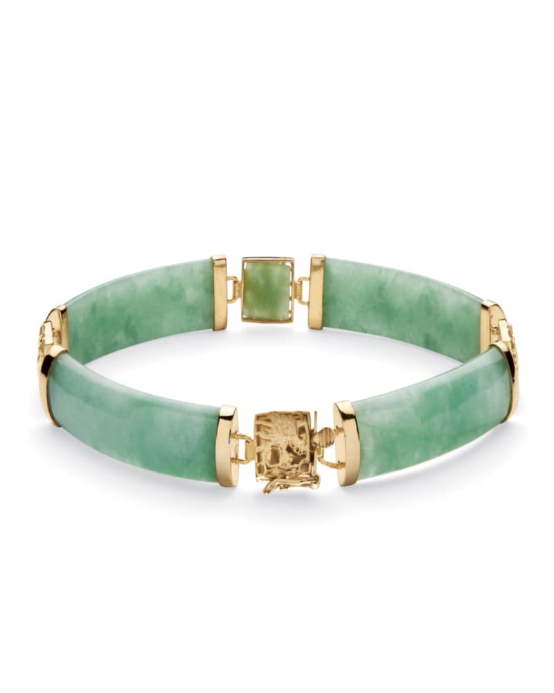 Front of a size 7.25 in Green Jade Dragon Link Bracelet in Gold-Plated .925 Sterling Silver 7.25" in Green by PalmBeach Jewelry. | dia_product_style_image_id:297085